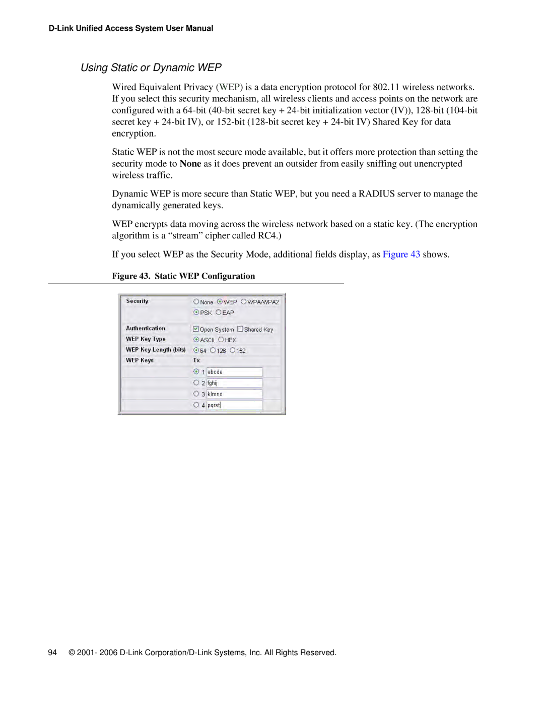 D-Link DWS 3000 user manual Using Static or Dynamic WEP, Static WEP Configuration 