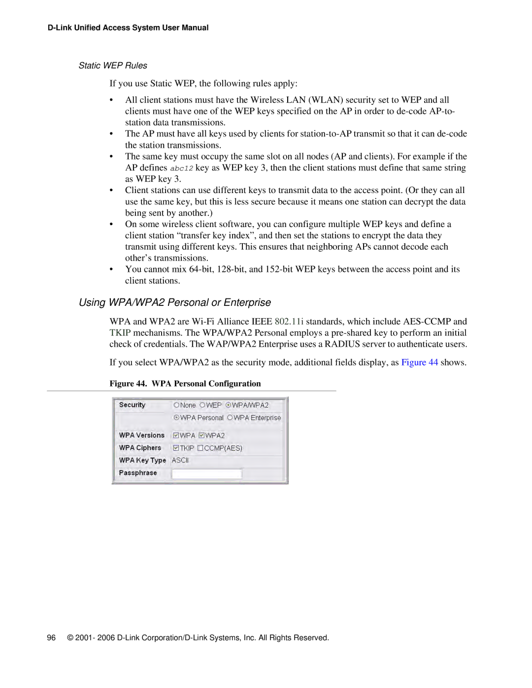 D-Link DWS 3000 user manual Using WPA/WPA2 Personal or Enterprise, WPA Personal Configuration 