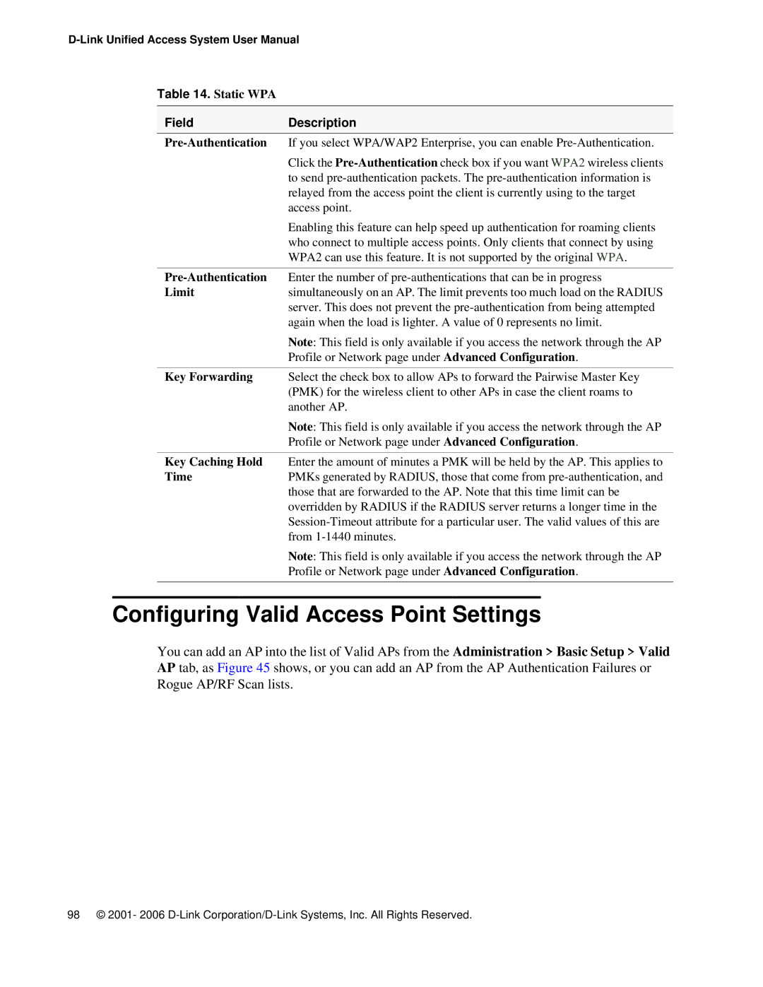 D-Link DWS 3000 user manual Configuring Valid Access Point Settings, Static WPA FieldDescription 