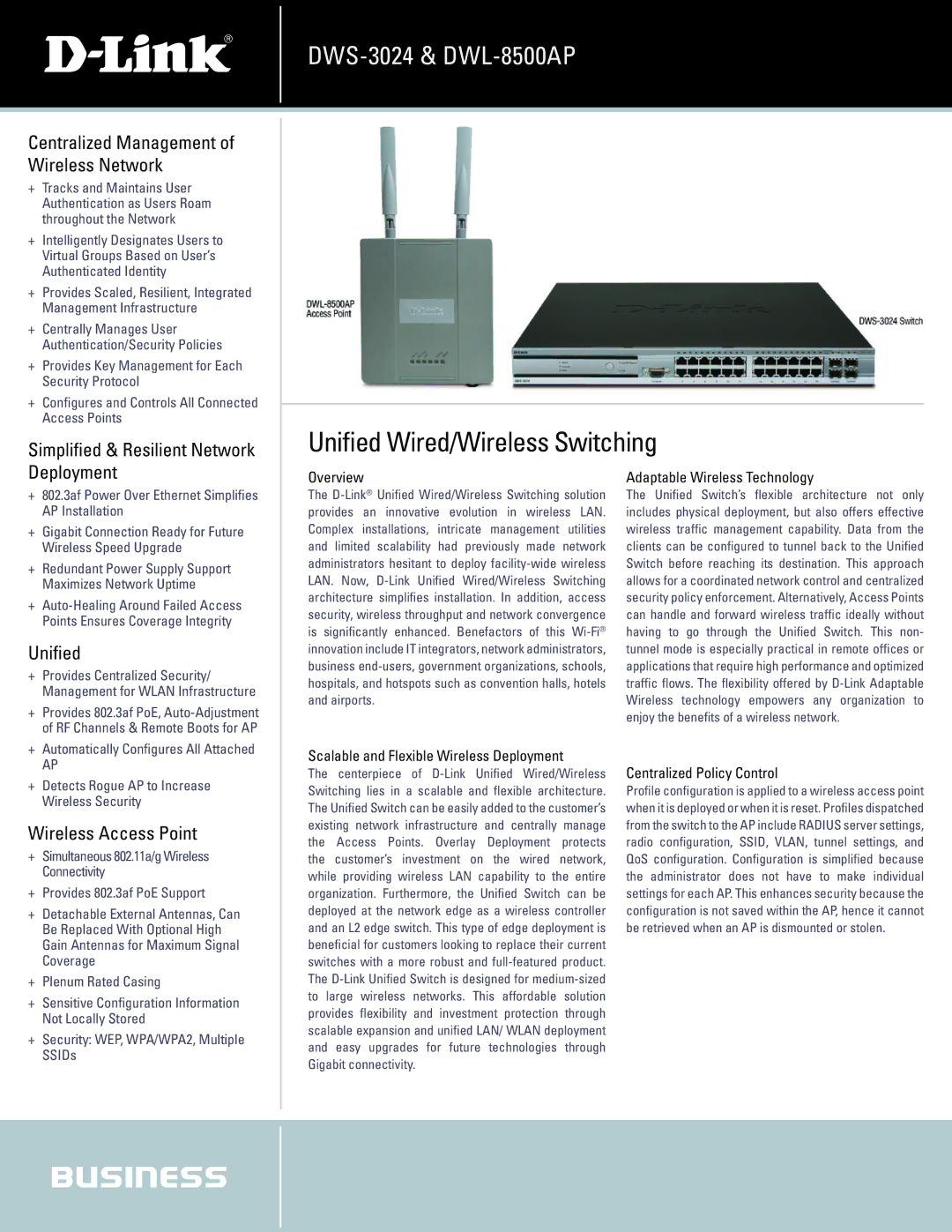 D-Link DWL-8500AP manual Centralized Management of Wireless Network, Simplified & Resilient Network, Deployment, Unified 