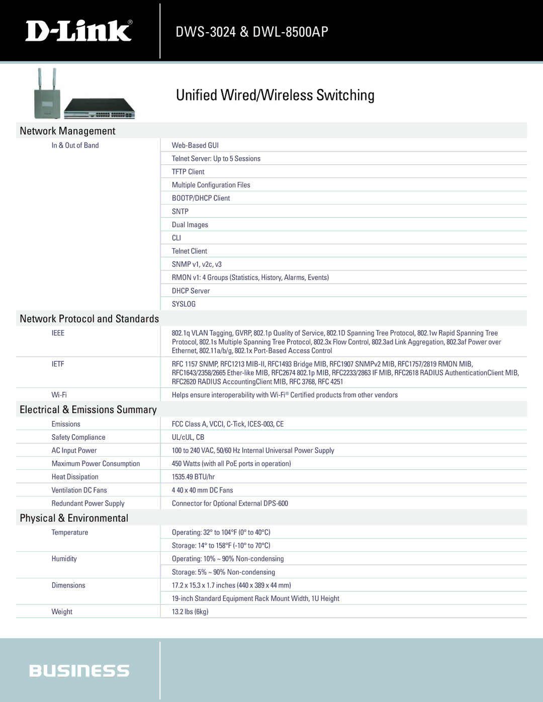 D-Link DWL-8500AP, DWS-3024 manual Network Management, Network Protocol and Standards, Electrical & Emissions Summary 