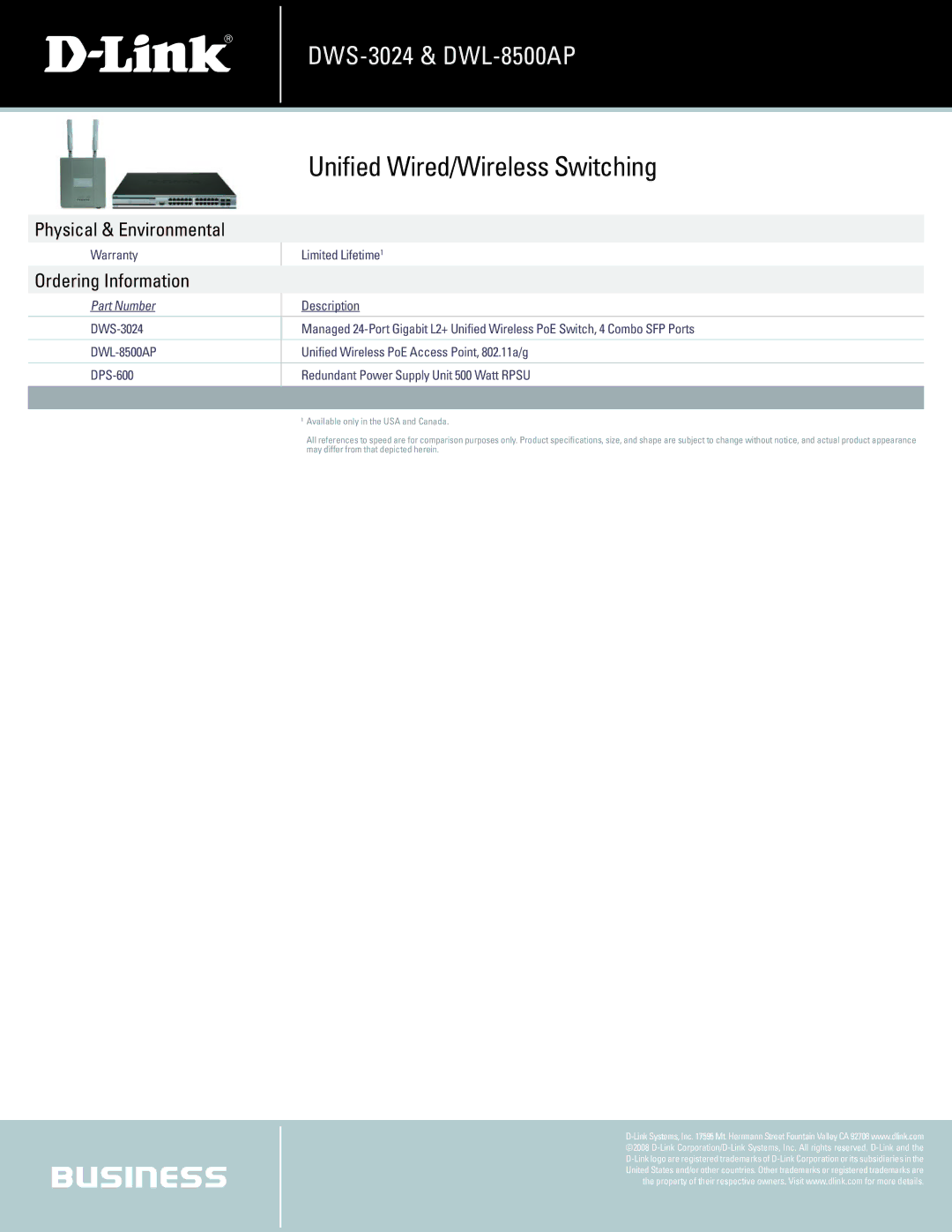 D-Link DWS-3024, DWL-8500AP manual Physical & Environmental, Ordering Information, Warranty Limited Lifetime1, Description 