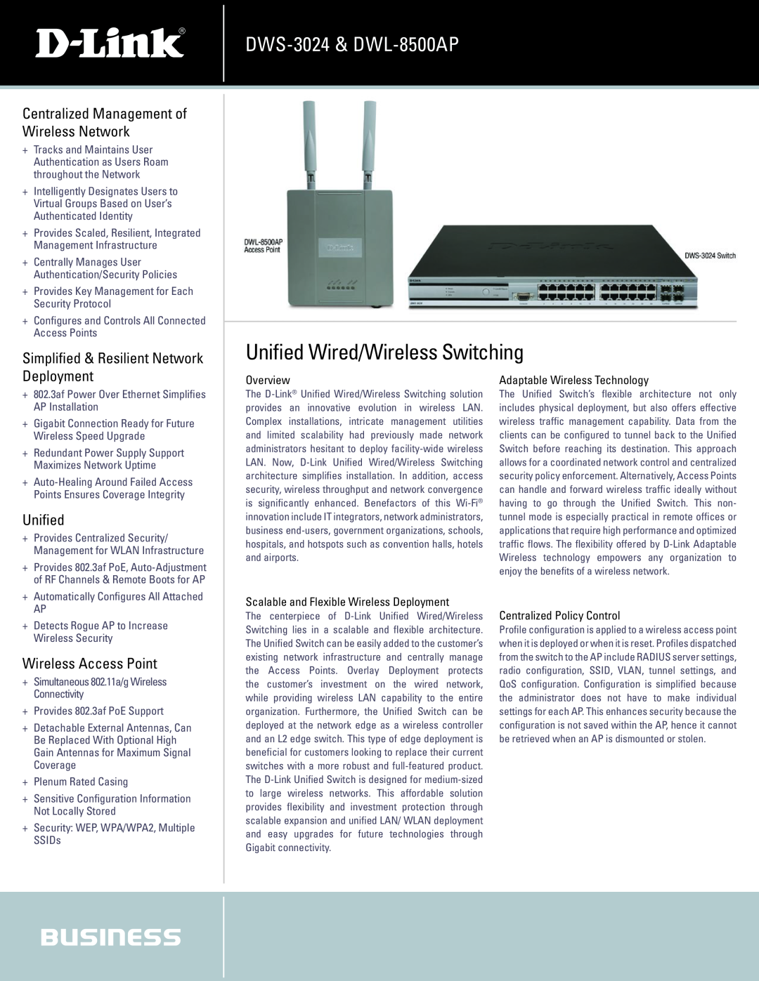 D-Link manual Unified Wired/Wireless Switching, DWS-3024 & DWL-8500AP, Centralized Management of Wireless Network 
