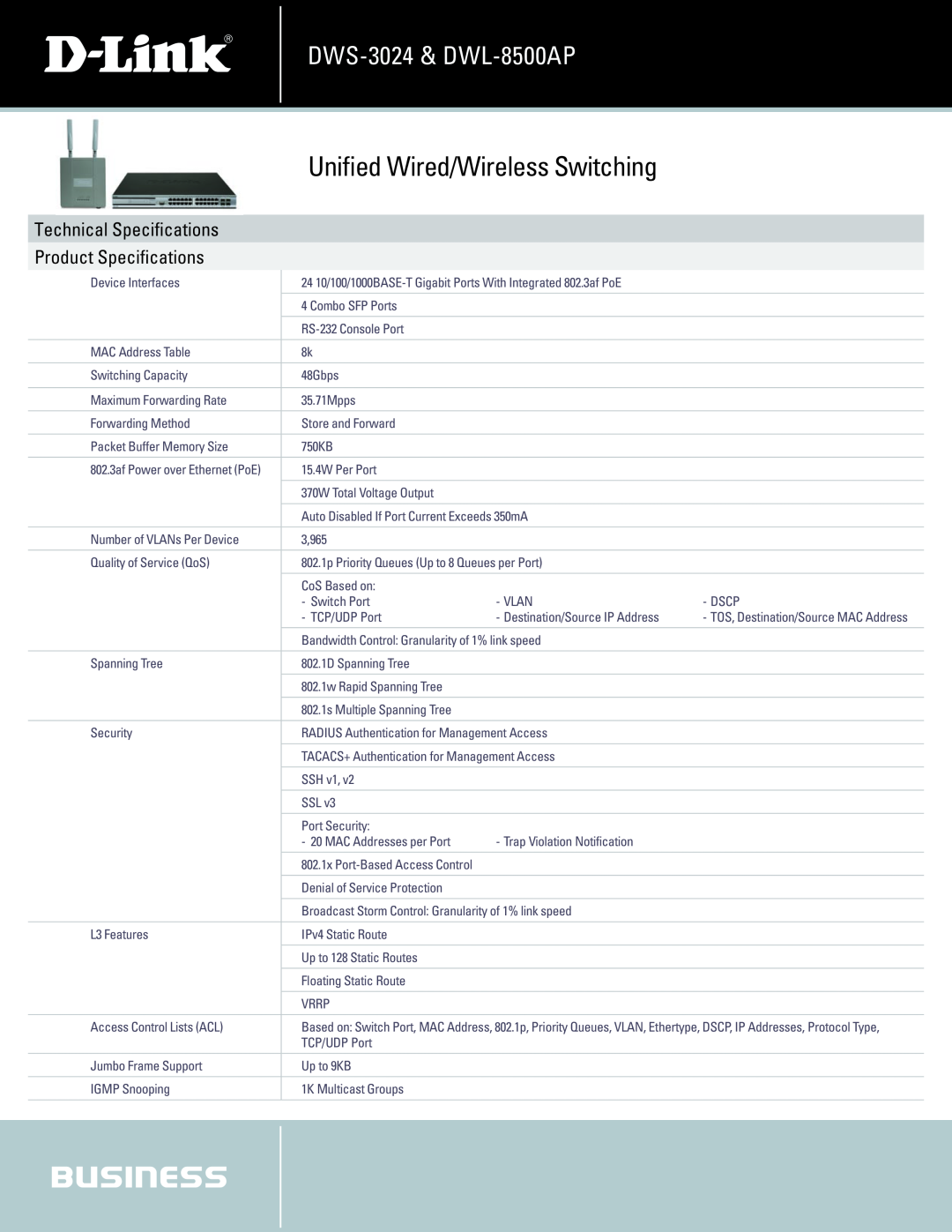 D-Link DWL-8500AP, DWS-3024 manual Unified Wired/Wireless Switching, Technical Specifications, Product Specifications 