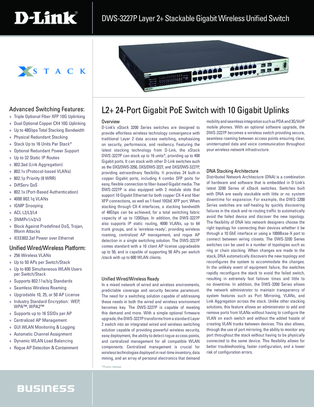 D-Link DWS-3227 manual Overview, Uniﬁed Wired/Wireless Ready, DNA Stacking Architecture 