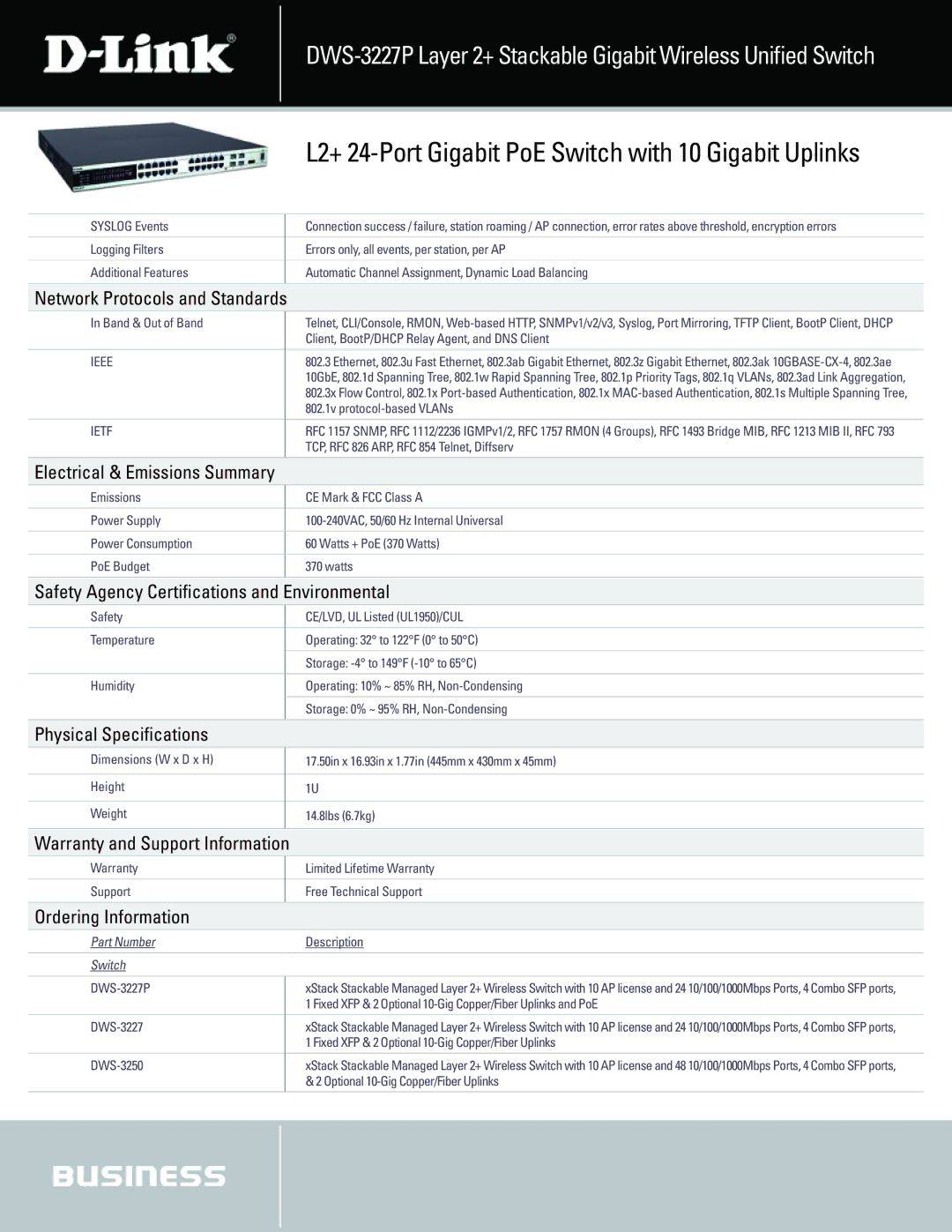 D-Link DWS-3227 manual Network Protocols and Standards, Electrical & Emissions Summary, Physical Speciﬁcations 