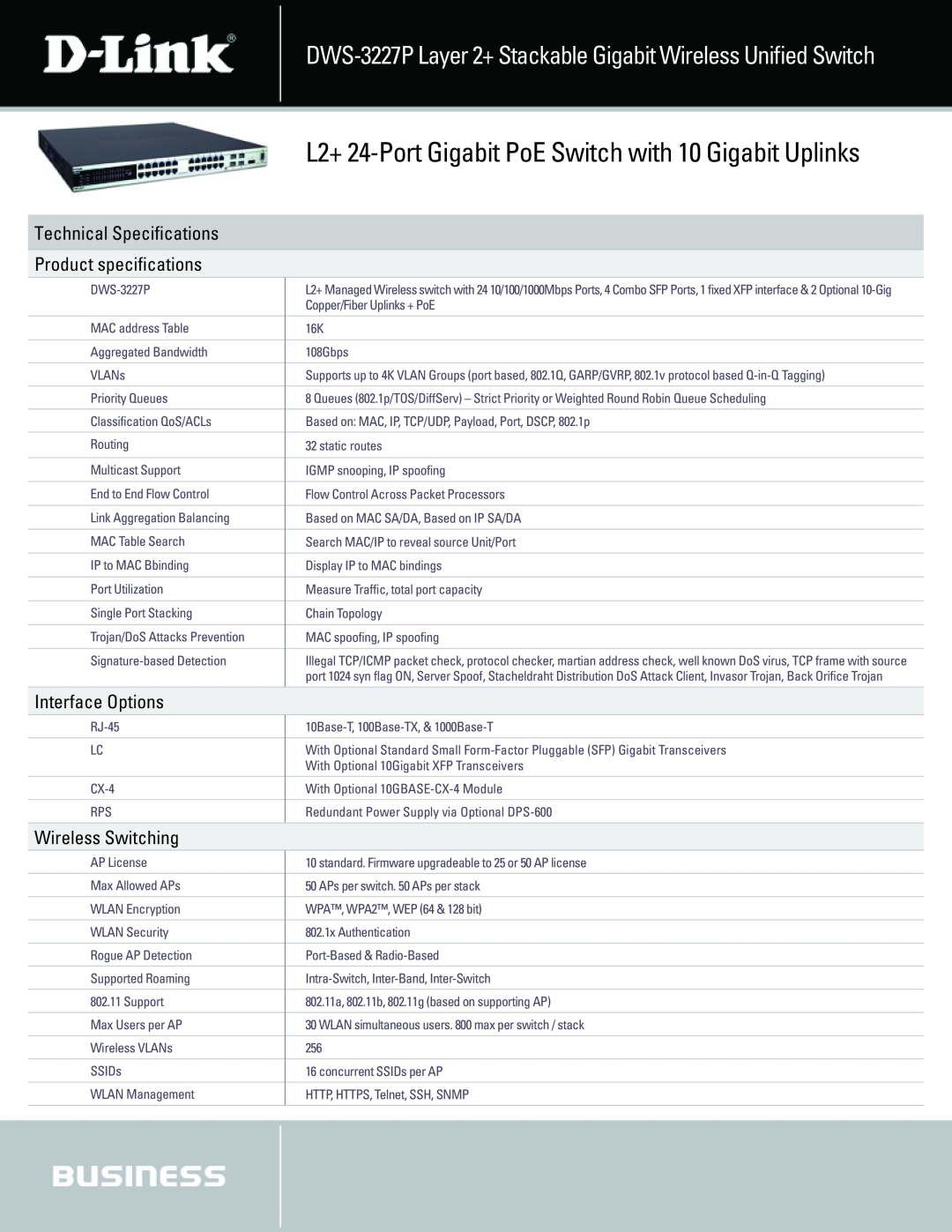 D-Link DWS-3227 L2+ 24-Port Gigabit PoE Switch with 10 Gigabit Uplinks, Technical Speciﬁcations, Product speciﬁcations 
