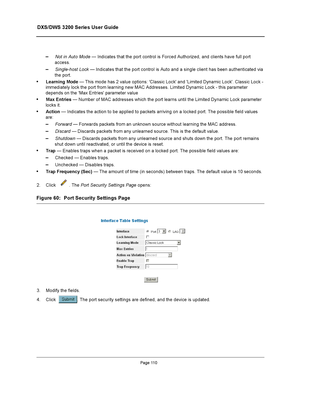 D-Link DWS/DXS-3200 manual Click . The Port Security Settings Page opens 