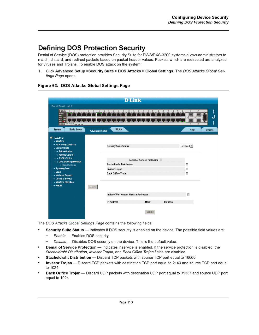 D-Link DWS/DXS-3200 manual Defining DOS Protection Security 