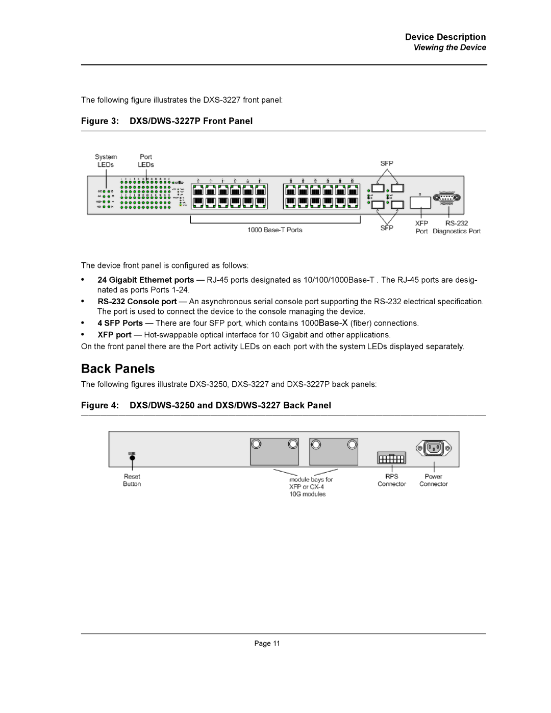 D-Link DWS/DXS-3200 manual Back Panels, DXS/DWS-3227P Front Panel 