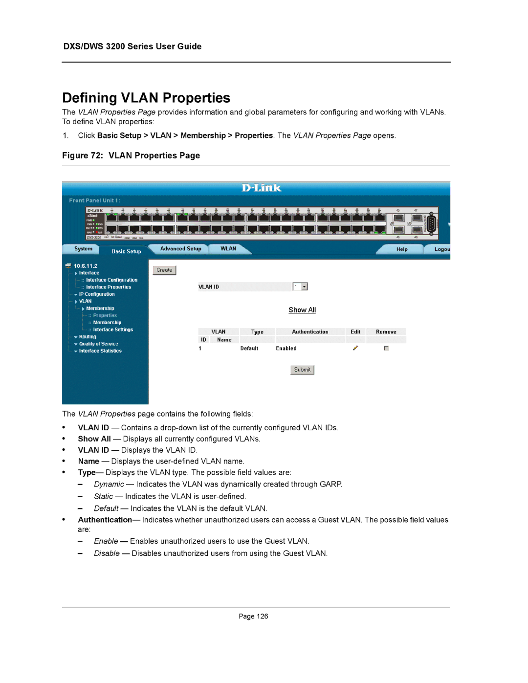 D-Link DWS/DXS-3200 manual Defining Vlan Properties 