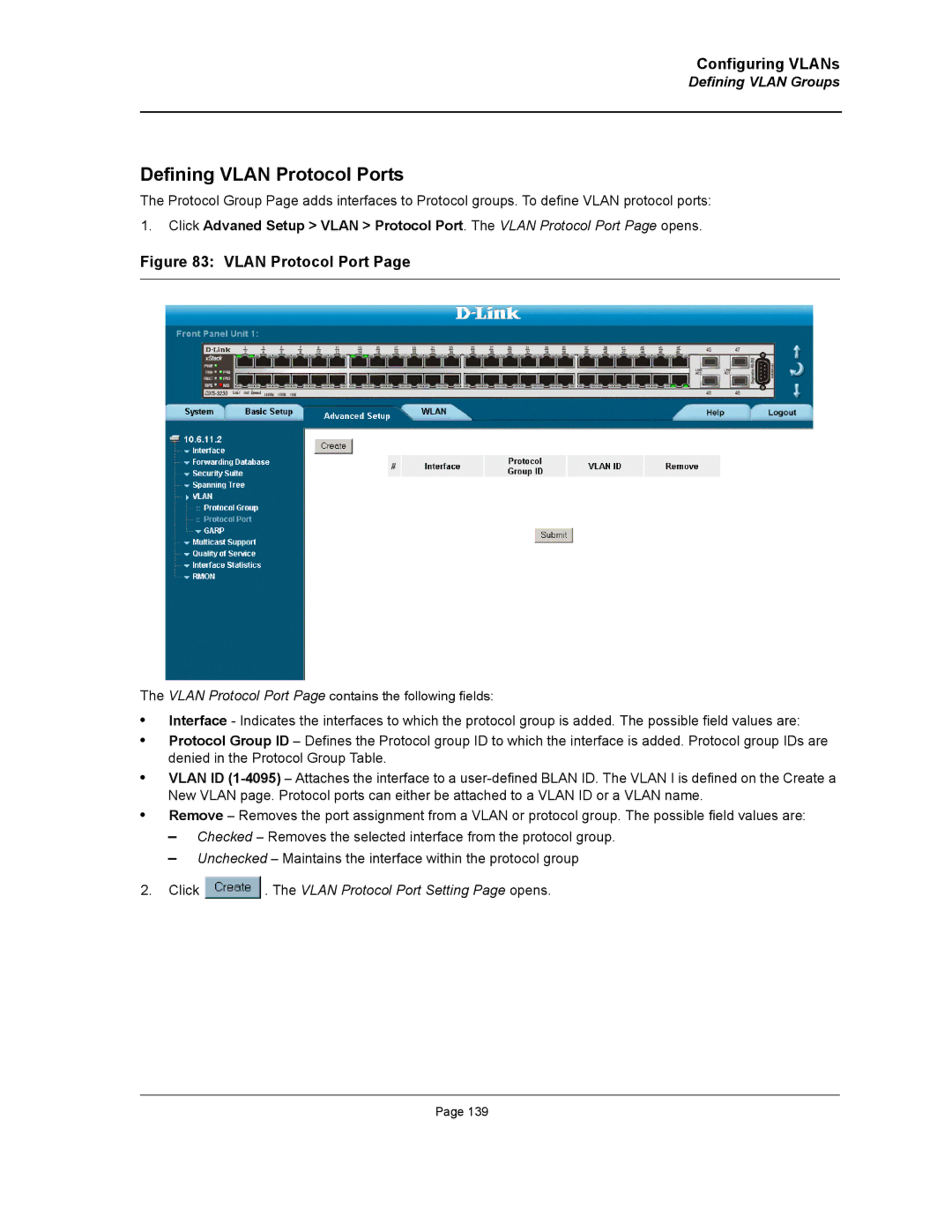 D-Link DWS/DXS-3200 manual Defining Vlan Protocol Ports, Click . The Vlan Protocol Port Setting Page opens 