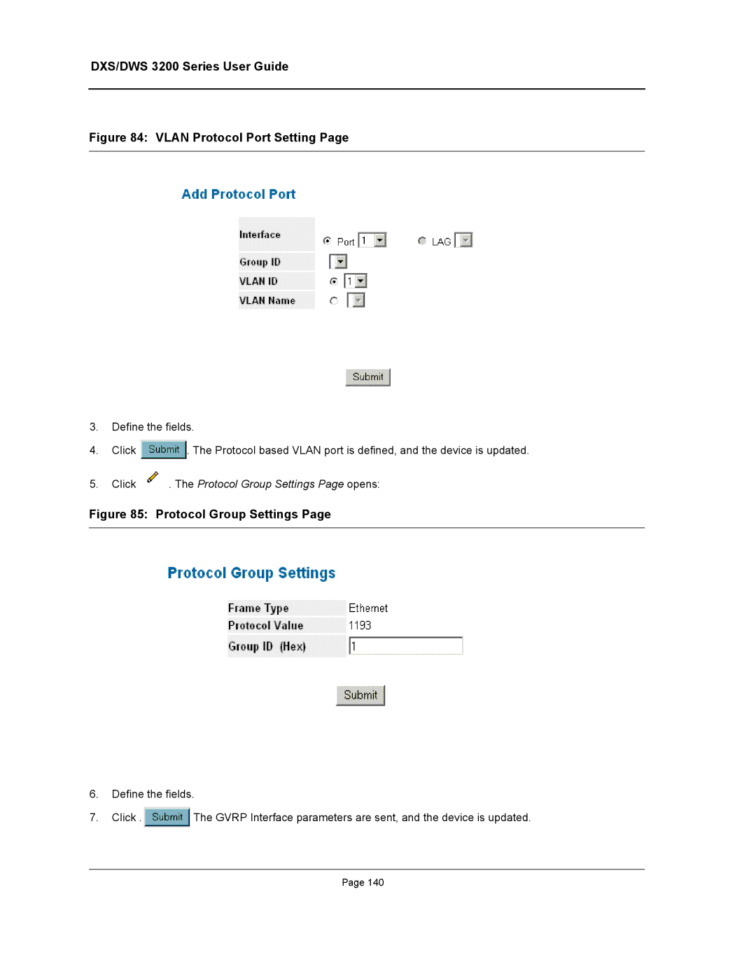 D-Link DWS/DXS-3200 manual Vlan Protocol Port Setting, Click . The Protocol Group Settings Page opens 