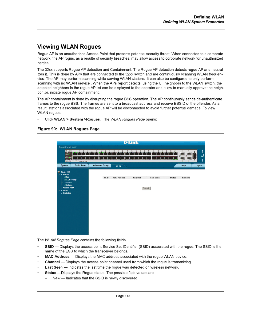 D-Link DWS/DXS-3200 manual Viewing Wlan Rogues, Click Wlan System Rogues. The Wlan Rogues Page opens 