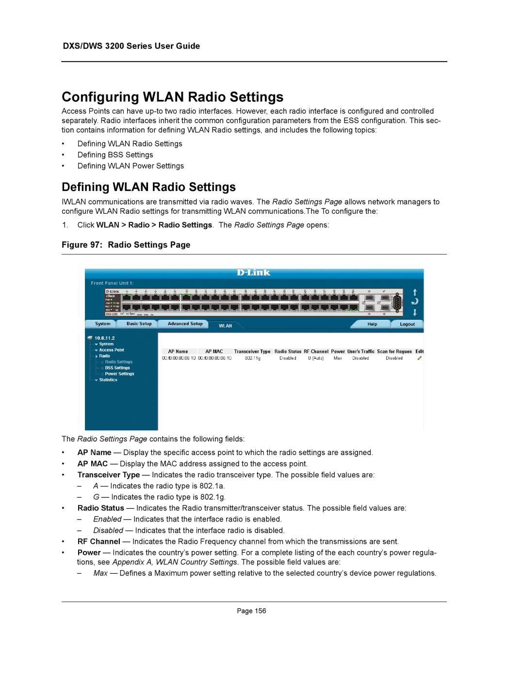 D-Link DWS/DXS-3200 manual Configuring Wlan Radio Settings, Defining Wlan Radio Settings 