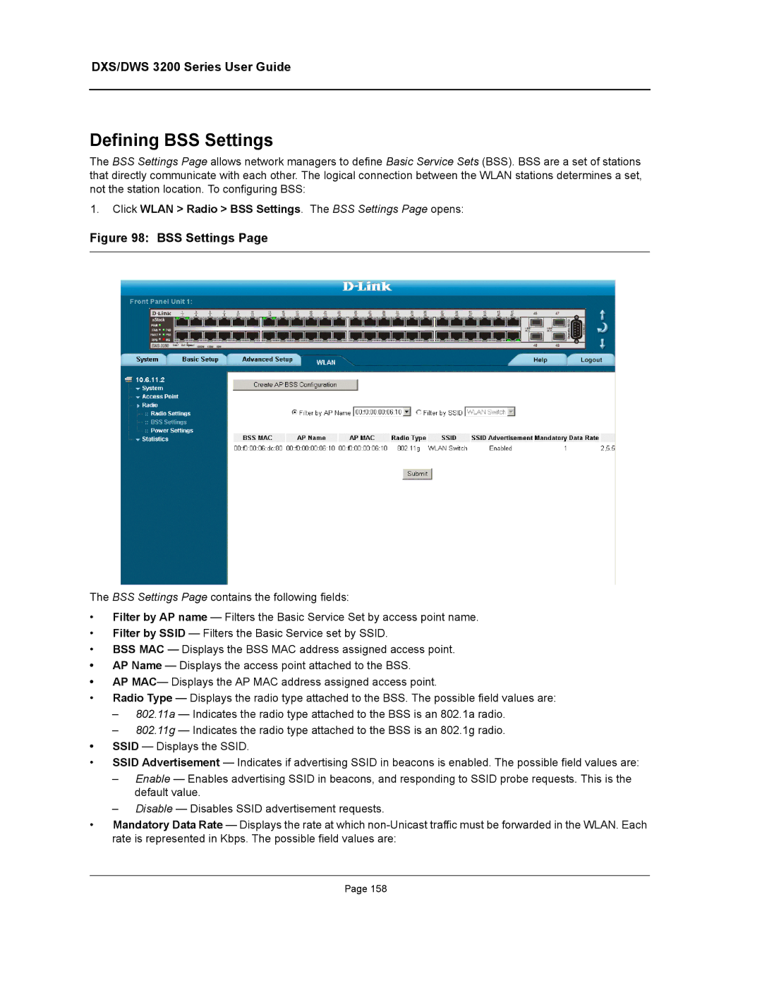 D-Link DWS/DXS-3200 manual Defining BSS Settings, Click Wlan Radio BSS Settings. The BSS Settings Page opens 