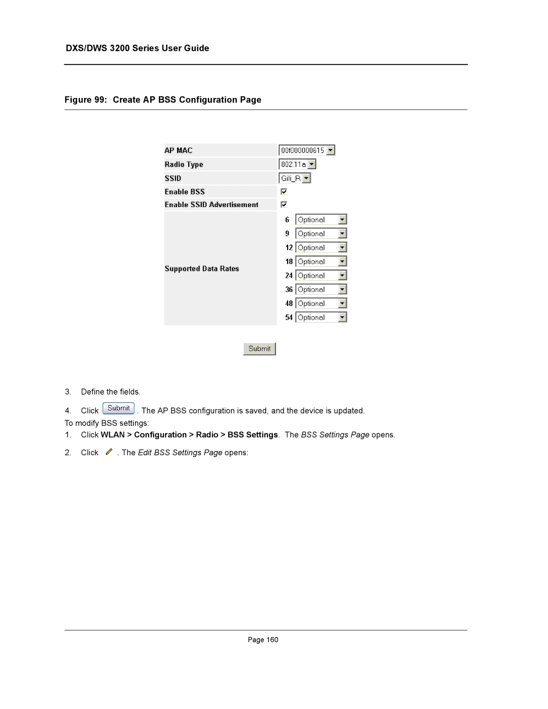 D-Link DWS/DXS-3200 manual Create AP BSS Configuration, Click . The Edit BSS Settings Page opens 