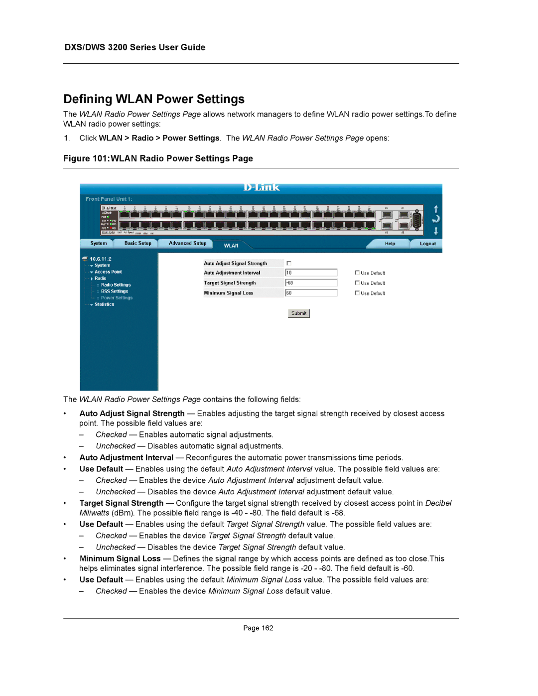 D-Link DWS/DXS-3200 manual Defining Wlan Power Settings, Wlan Radio Power Settings 