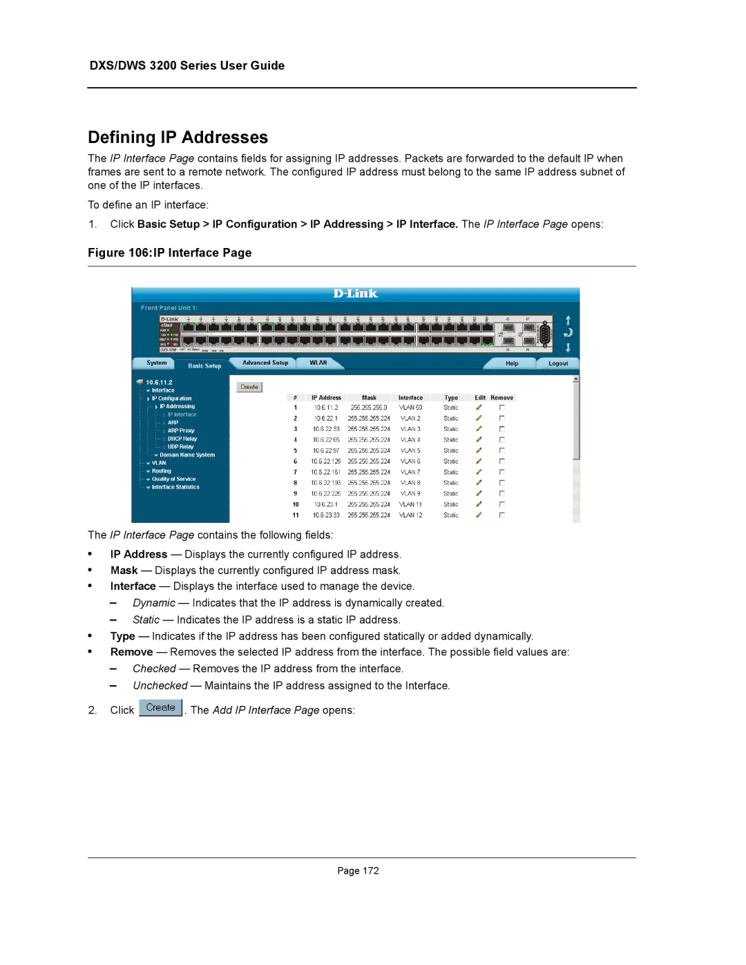 D-Link DWS/DXS-3200 manual Defining IP Addresses, Click . The Add IP Interface Page opens 