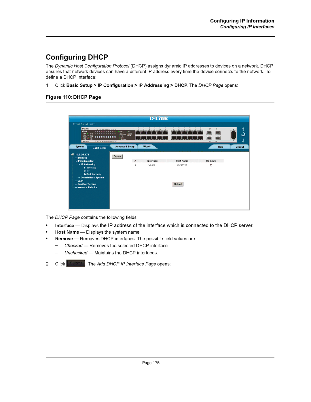 D-Link DWS/DXS-3200 manual Configuring Dhcp, Click . The Add Dhcp IP Interface Page opens 