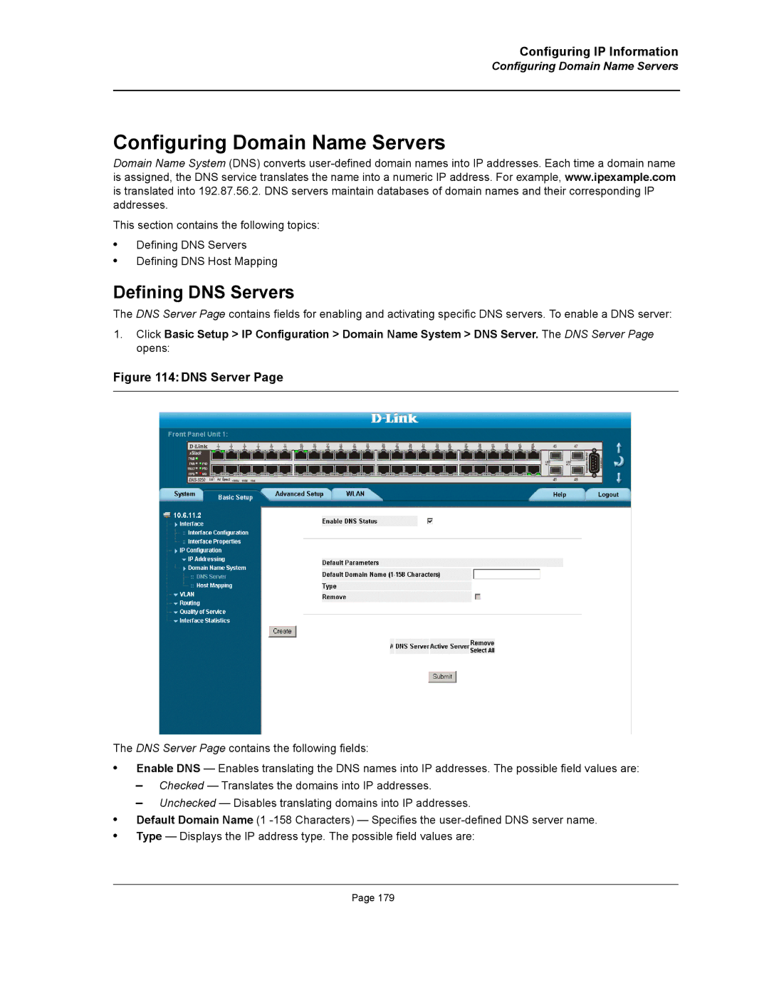 D-Link DWS/DXS-3200 manual Configuring Domain Name Servers, Defining DNS Servers 