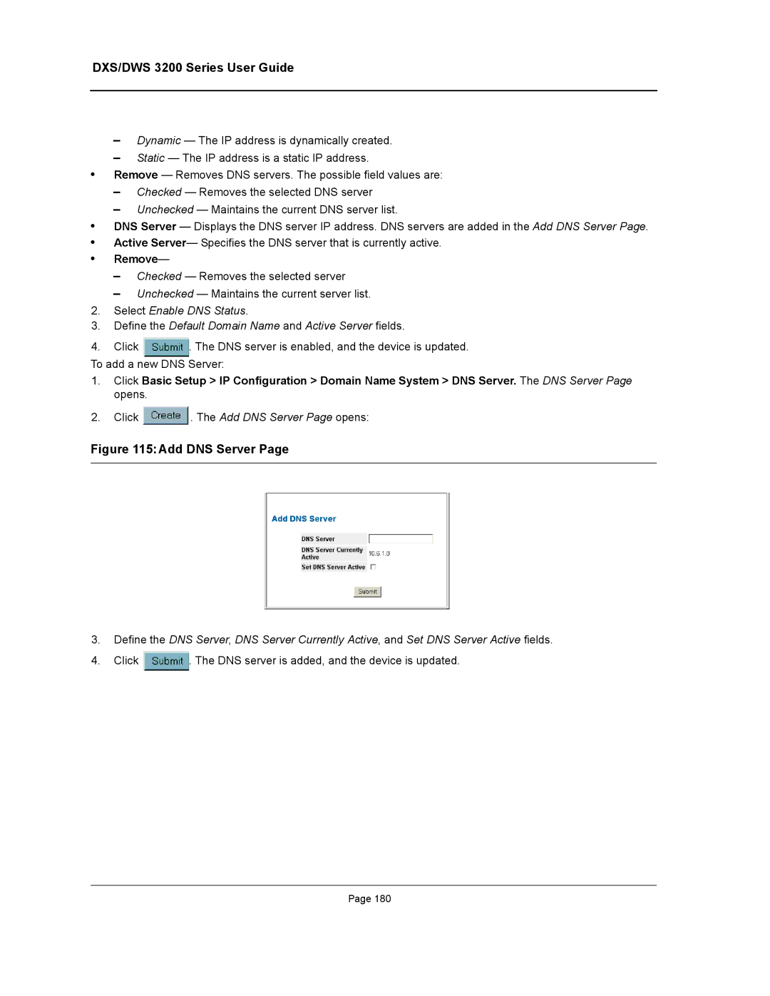 D-Link DWS/DXS-3200 manual Remove, Click . The Add DNS Server Page opens 