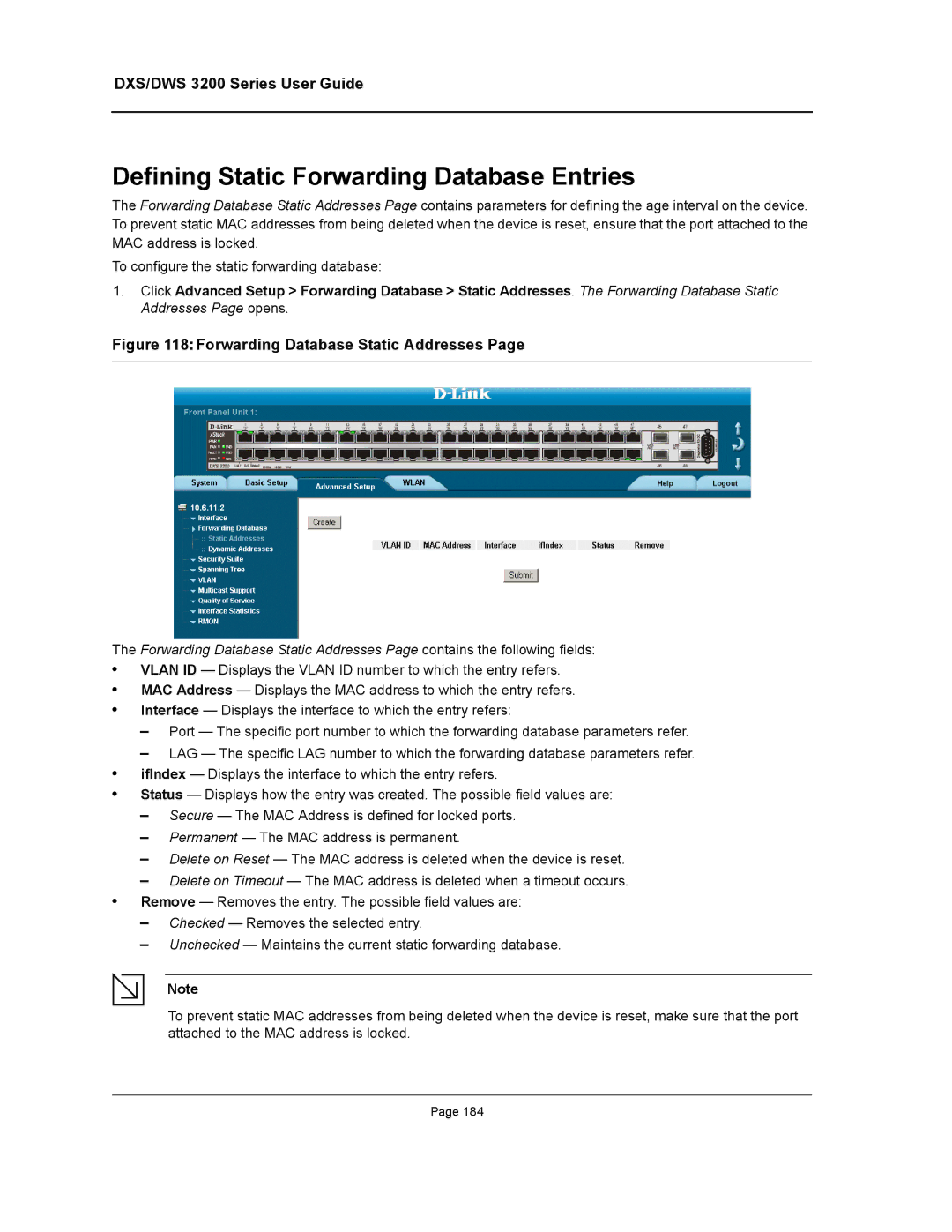 D-Link DWS/DXS-3200 manual Defining Static Forwarding Database Entries, Forwarding Database Static Addresses 