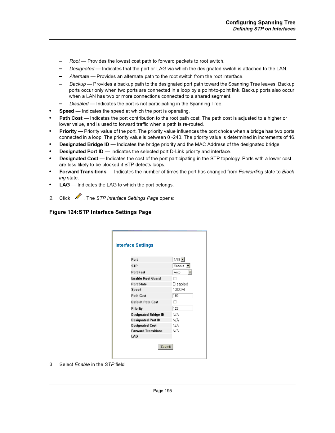 D-Link DWS/DXS-3200 manual Defining STP on Interfaces, Click . The STP Interface Settings Page opens 