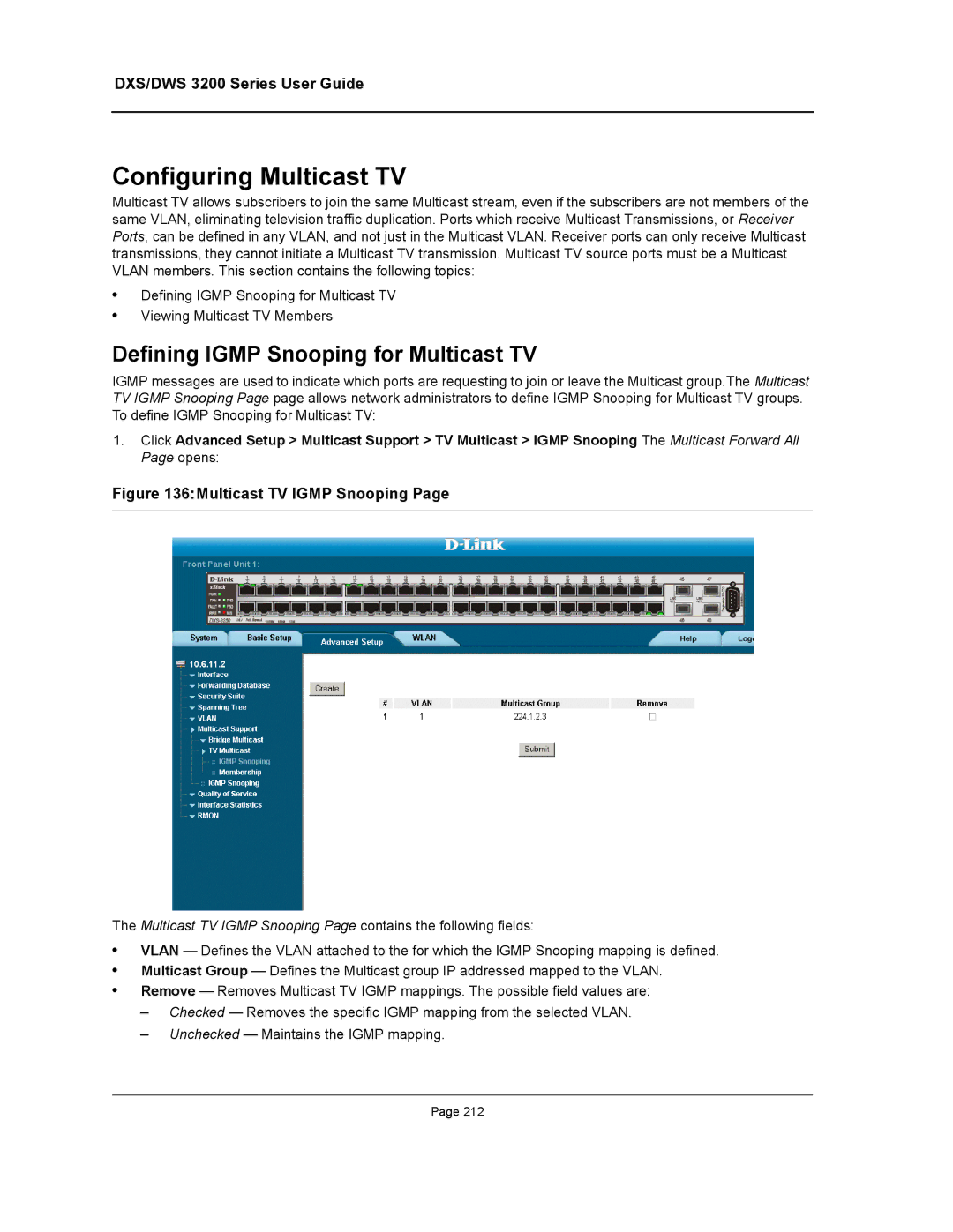 D-Link DWS/DXS-3200 manual Configuring Multicast TV, Defining Igmp Snooping for Multicast TV 