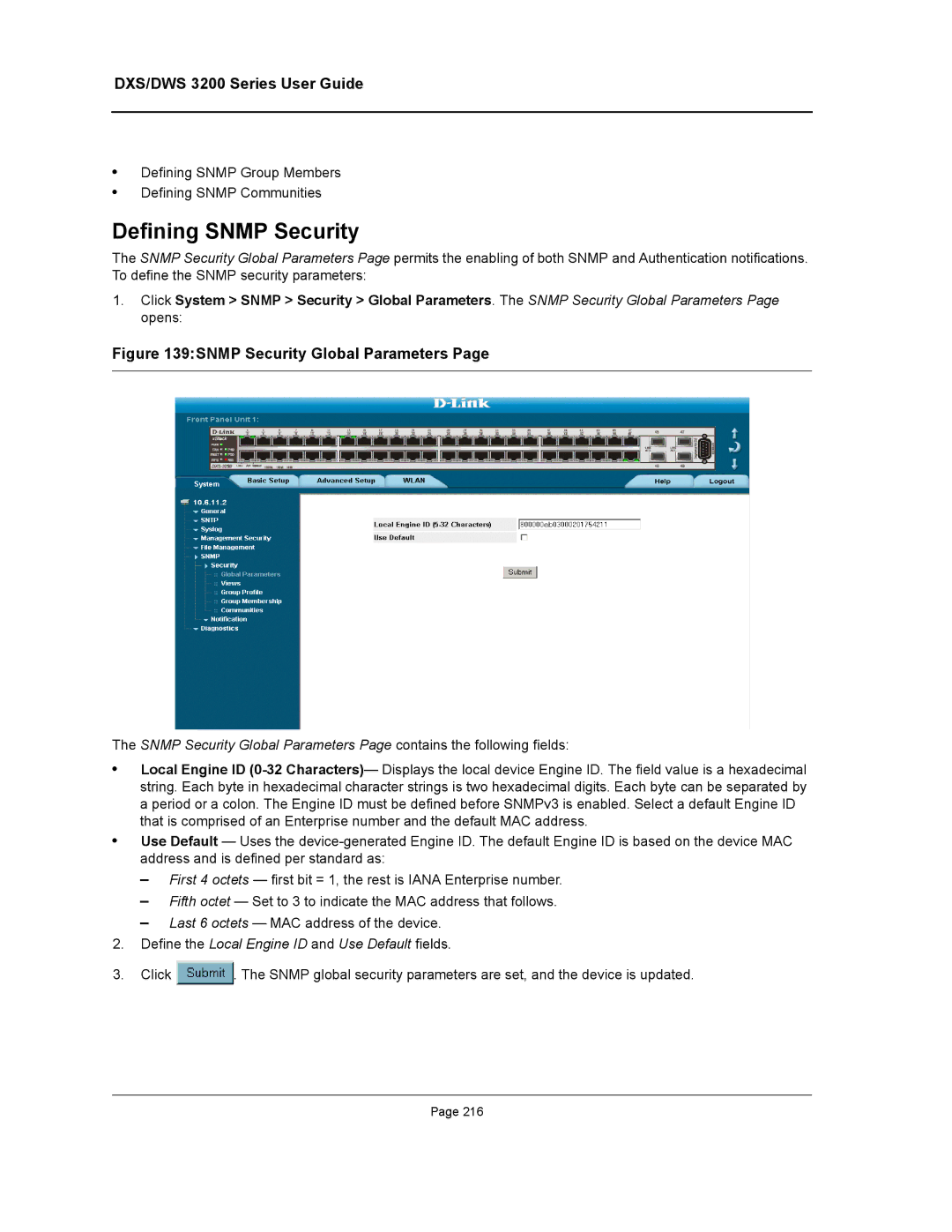 D-Link DWS/DXS-3200 manual Defining Snmp Security, Define the Local Engine ID and Use Default fields 