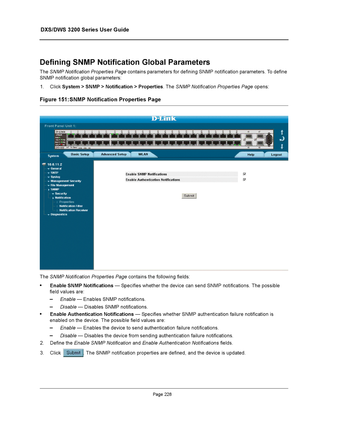 D-Link DWS/DXS-3200 manual Defining Snmp Notification Global Parameters, Snmp Notification Properties 