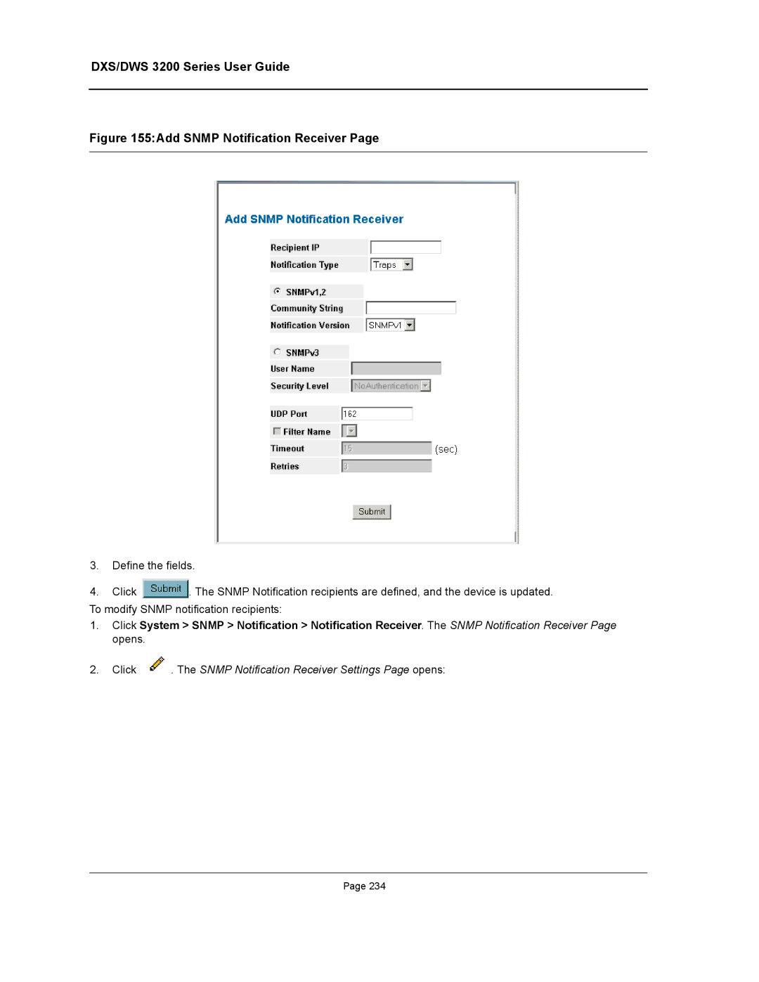 D-Link DWS/DXS-3200 manual Add Snmp Notification Receiver, Click . The Snmp Notification Receiver Settings Page opens 