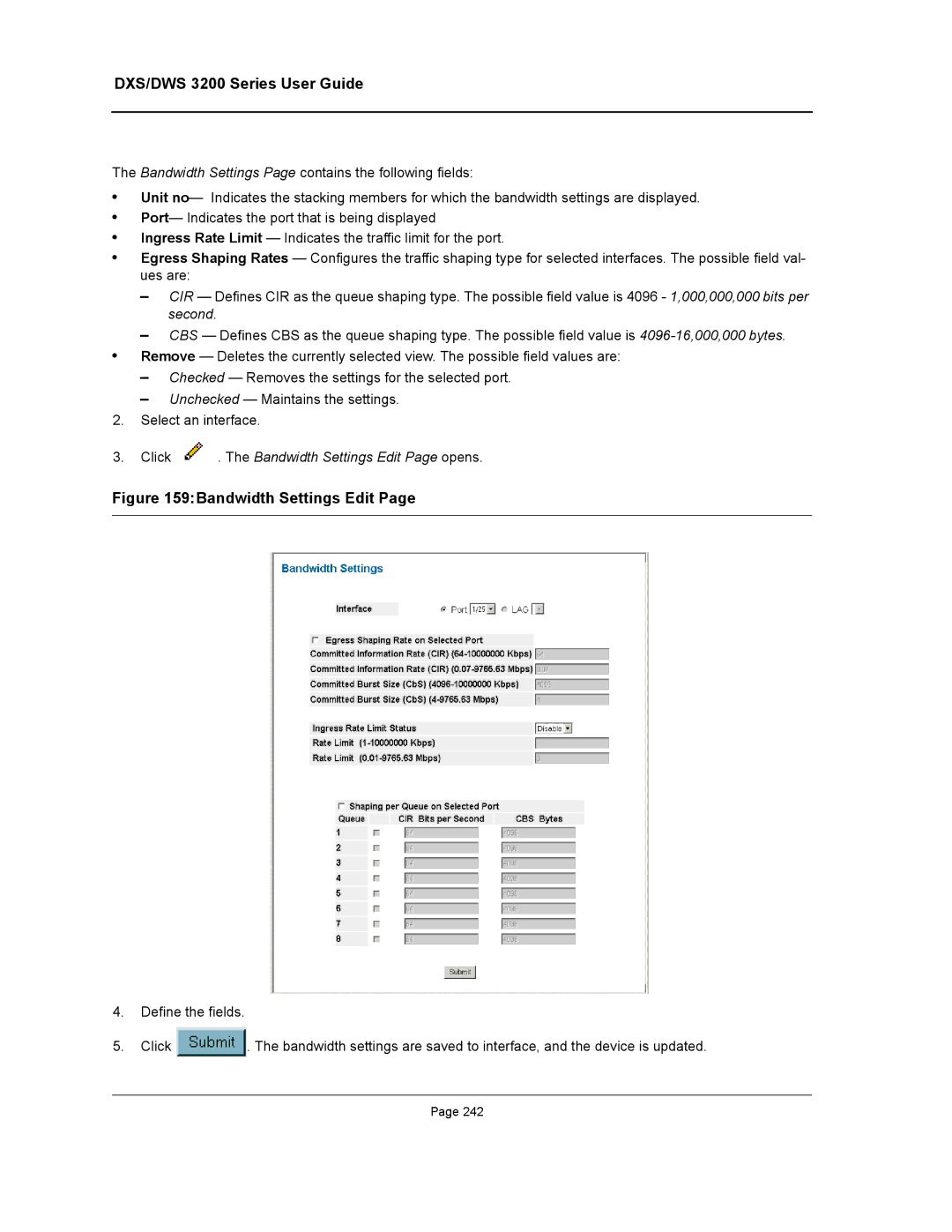 D-Link DWS/DXS-3200 manual Click . The Bandwidth Settings Edit Page opens 