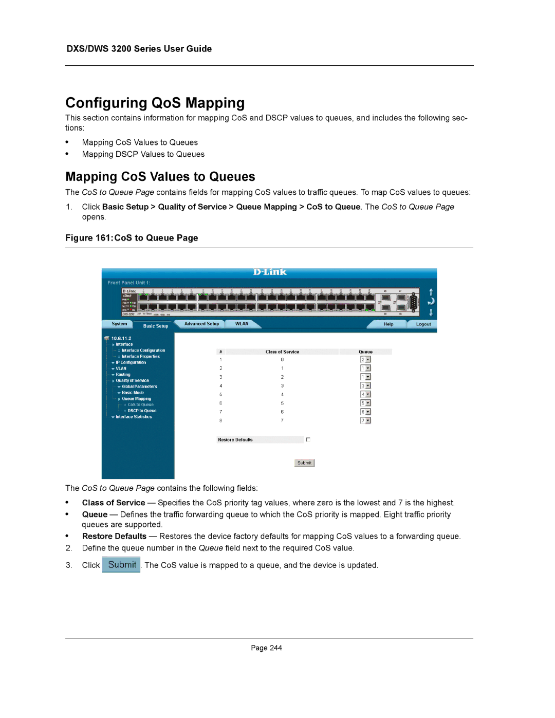 D-Link DWS/DXS-3200 manual Configuring QoS Mapping, Mapping CoS Values to Queues 