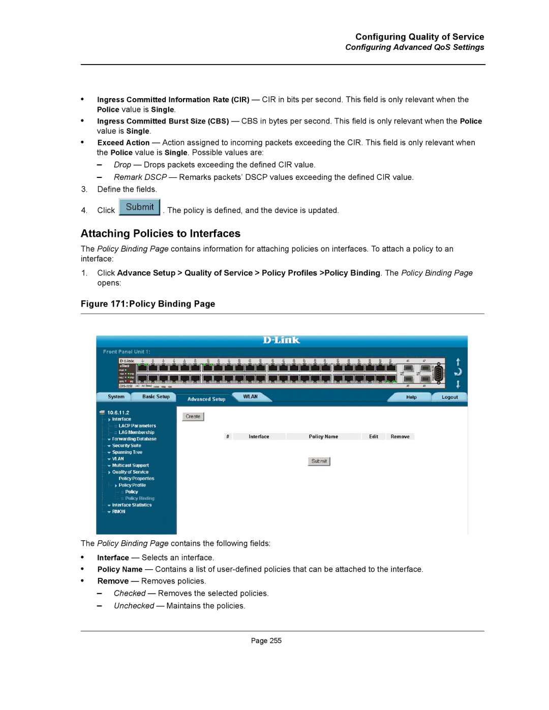 D-Link DWS/DXS-3200 manual Attaching Policies to Interfaces, Policy Binding 