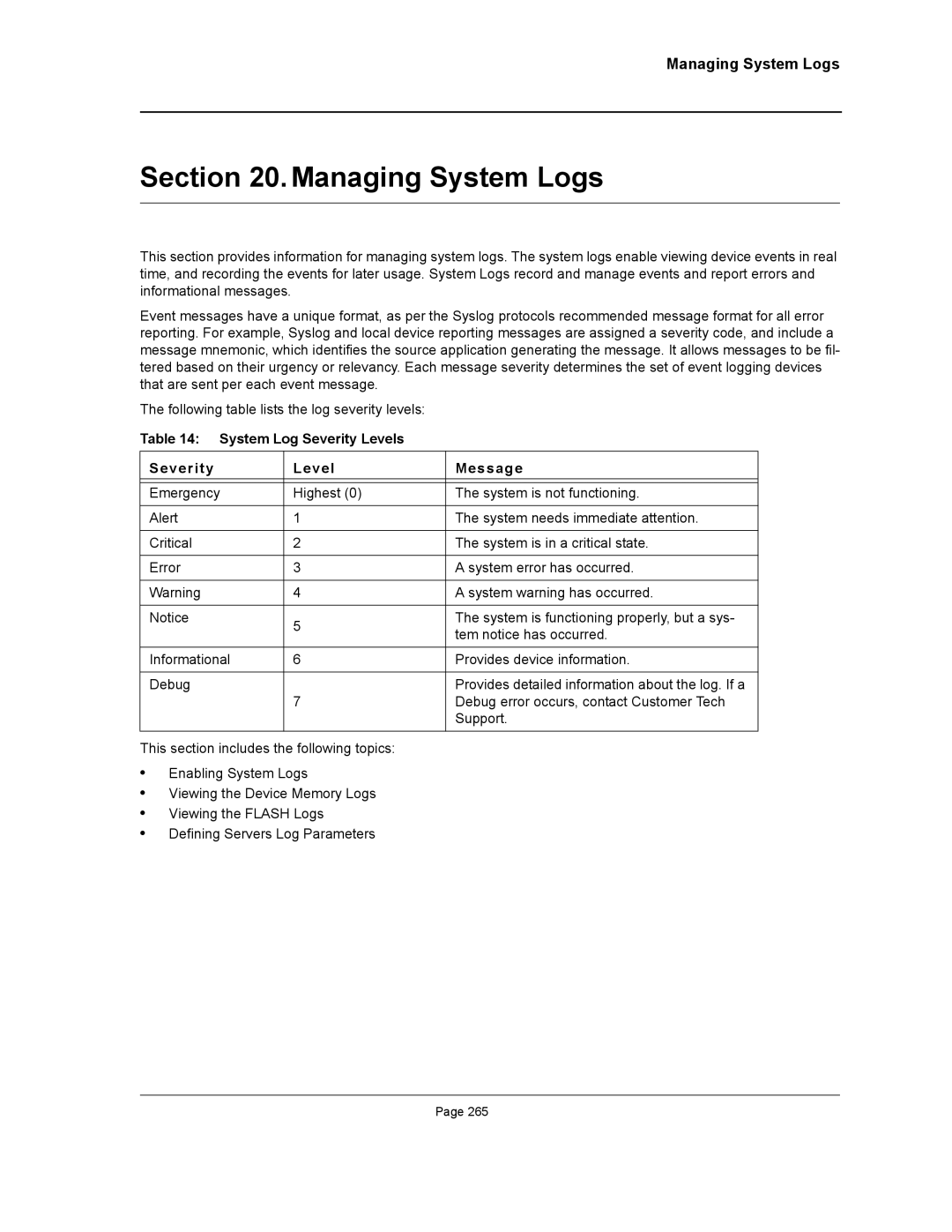 D-Link DWS/DXS-3200 manual Managing System Logs, System Log Severity Levels Message 