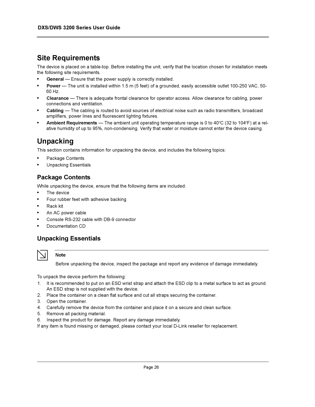 D-Link DWS/DXS-3200 manual Site Requirements, Package Contents, Unpacking Essentials 