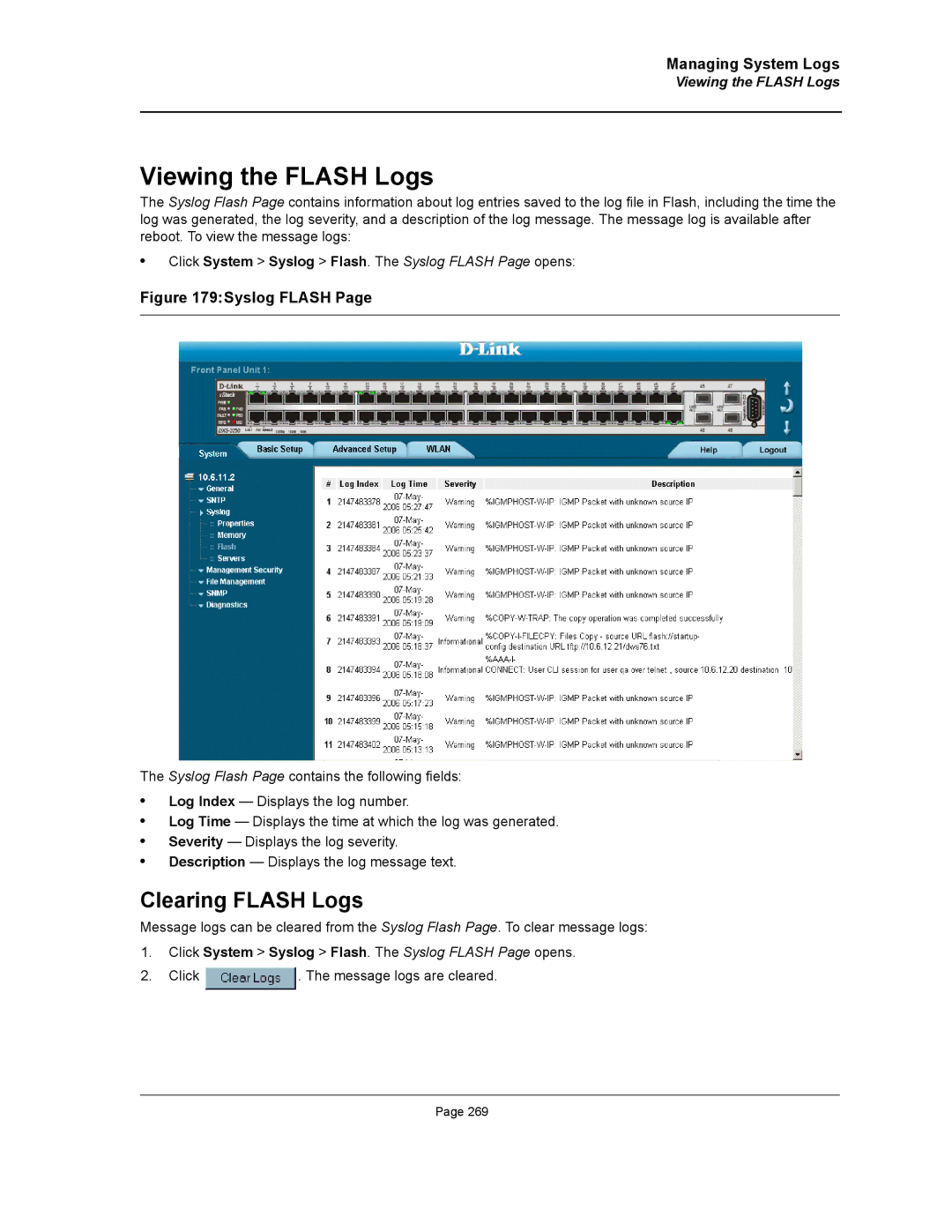 D-Link DWS/DXS-3200 manual Viewing the Flash Logs, Clearing Flash Logs 