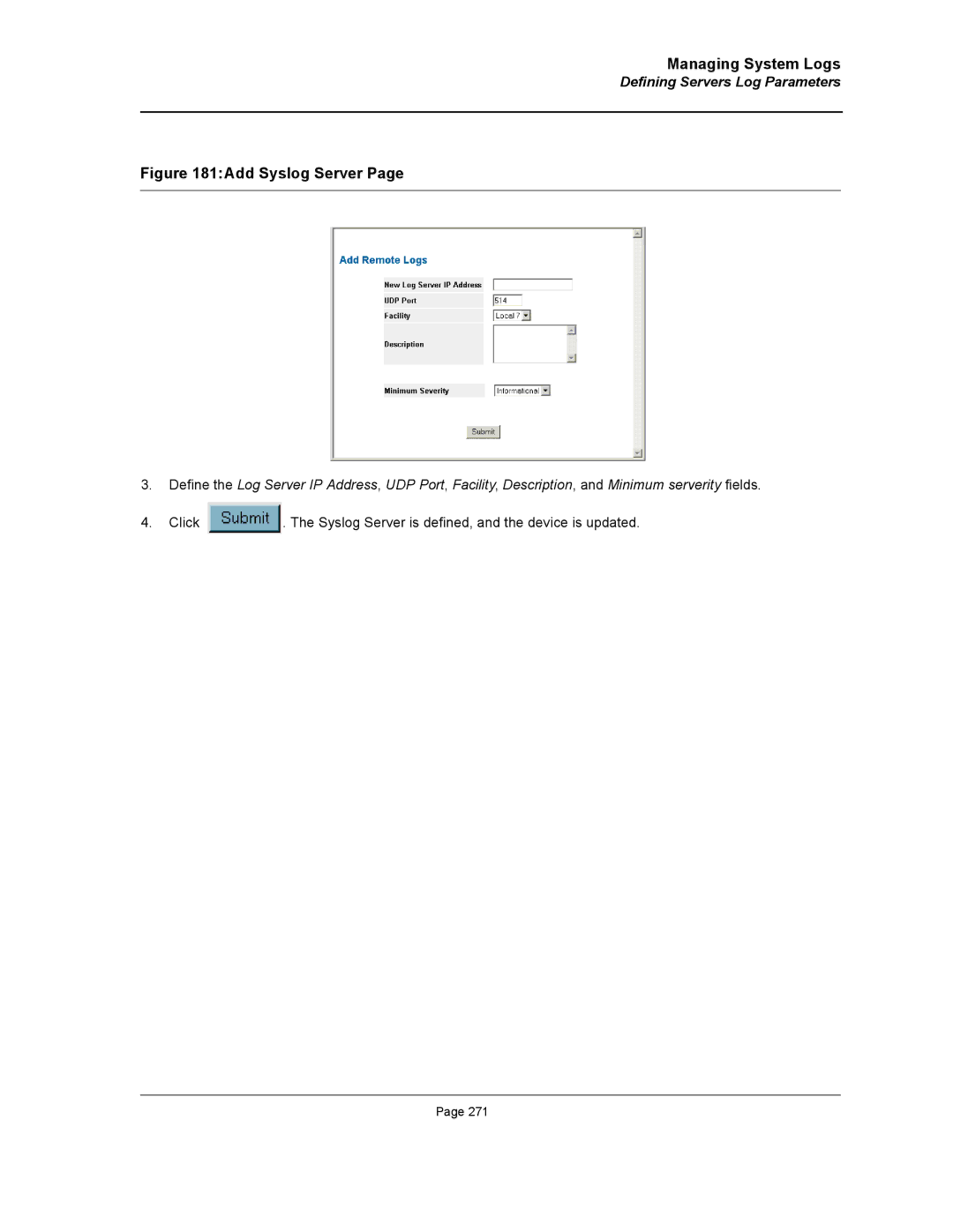 D-Link DWS/DXS-3200 manual Add Syslog Server, Defining Servers Log Parameters 