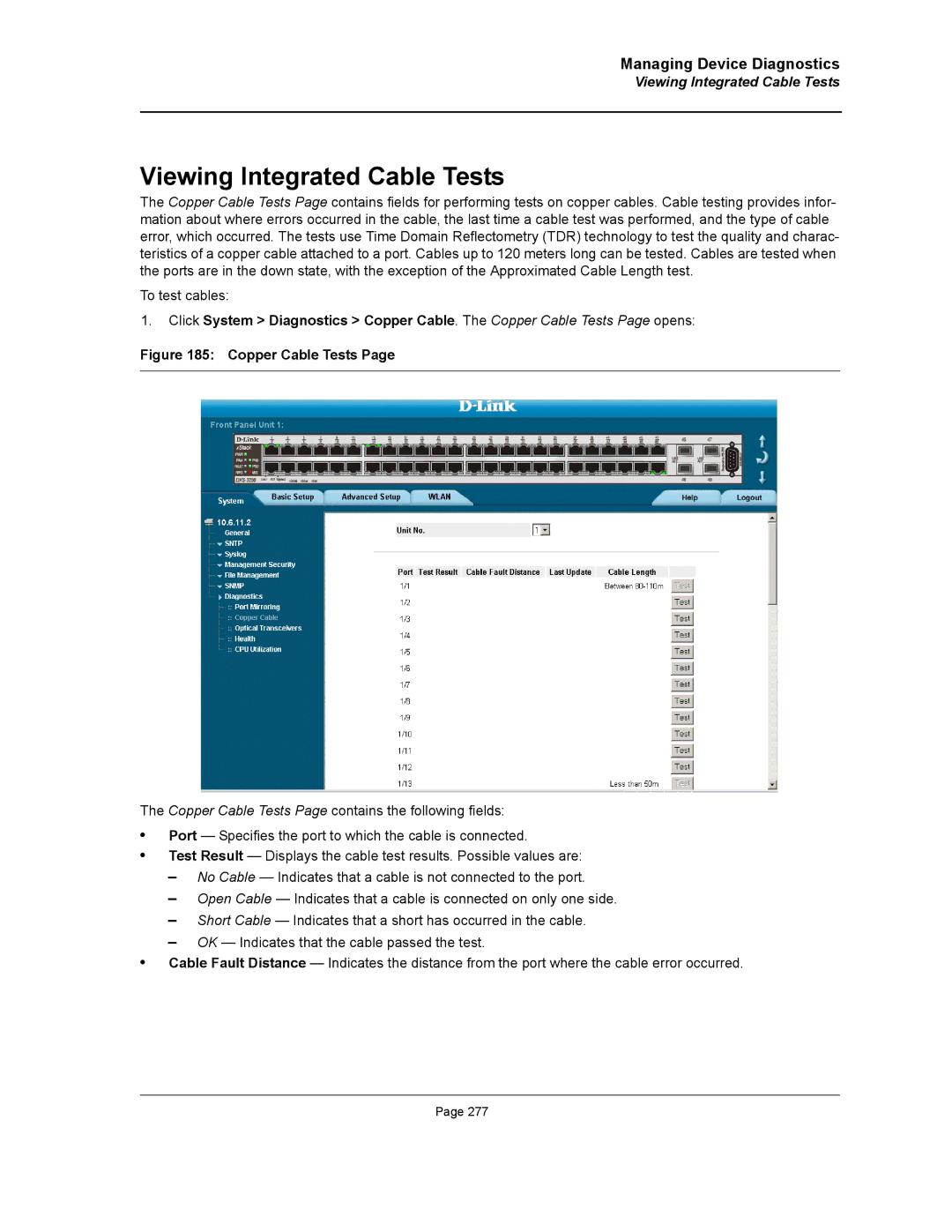 D-Link DWS/DXS-3200 manual Viewing Integrated Cable Tests 