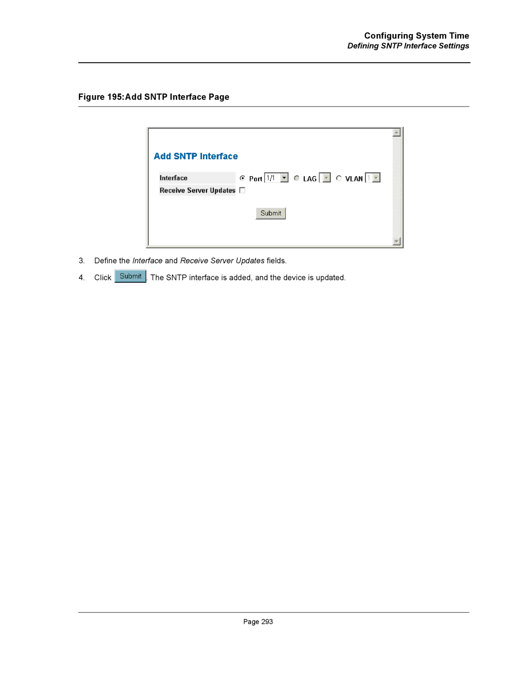 D-Link DWS/DXS-3200 manual Defining Sntp Interface Settings, Define the Interface and Receive Server Updates fields 