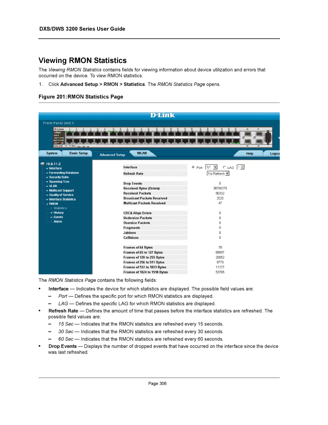 D-Link DWS/DXS-3200 manual Viewing Rmon Statistics 