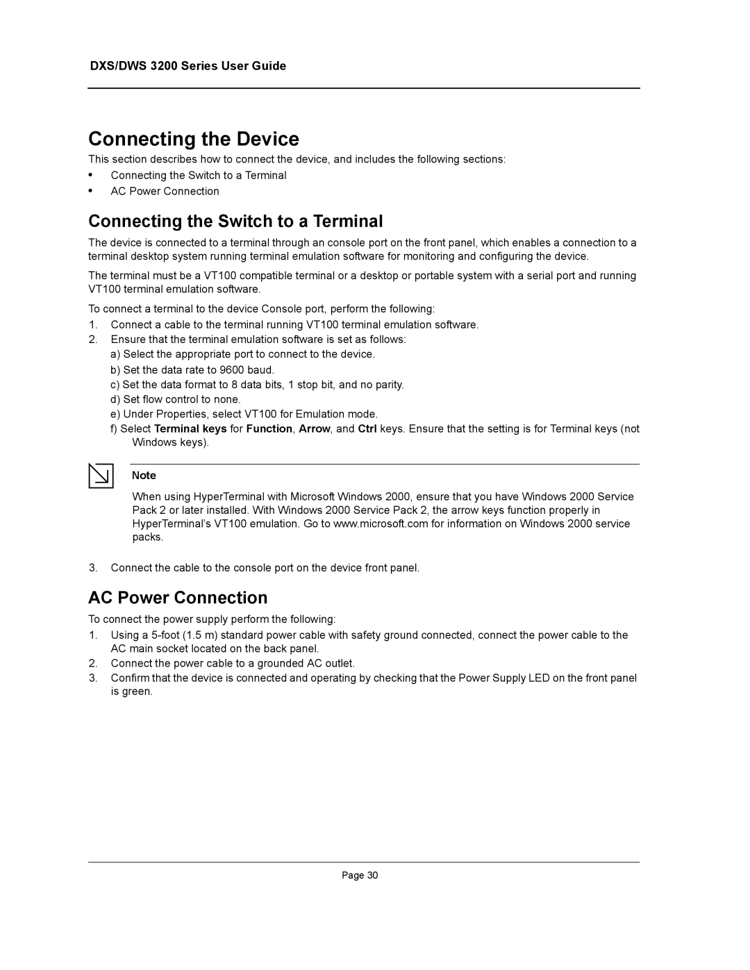 D-Link DWS/DXS-3200 manual Connecting the Device, Connecting the Switch to a Terminal, AC Power Connection 