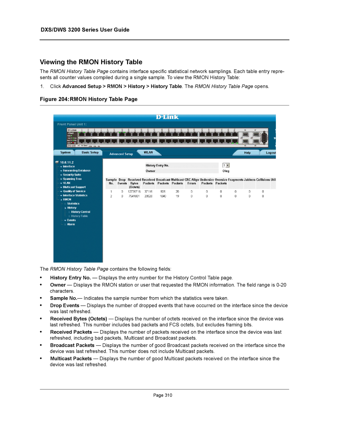 D-Link DWS/DXS-3200 manual Viewing the Rmon History Table 