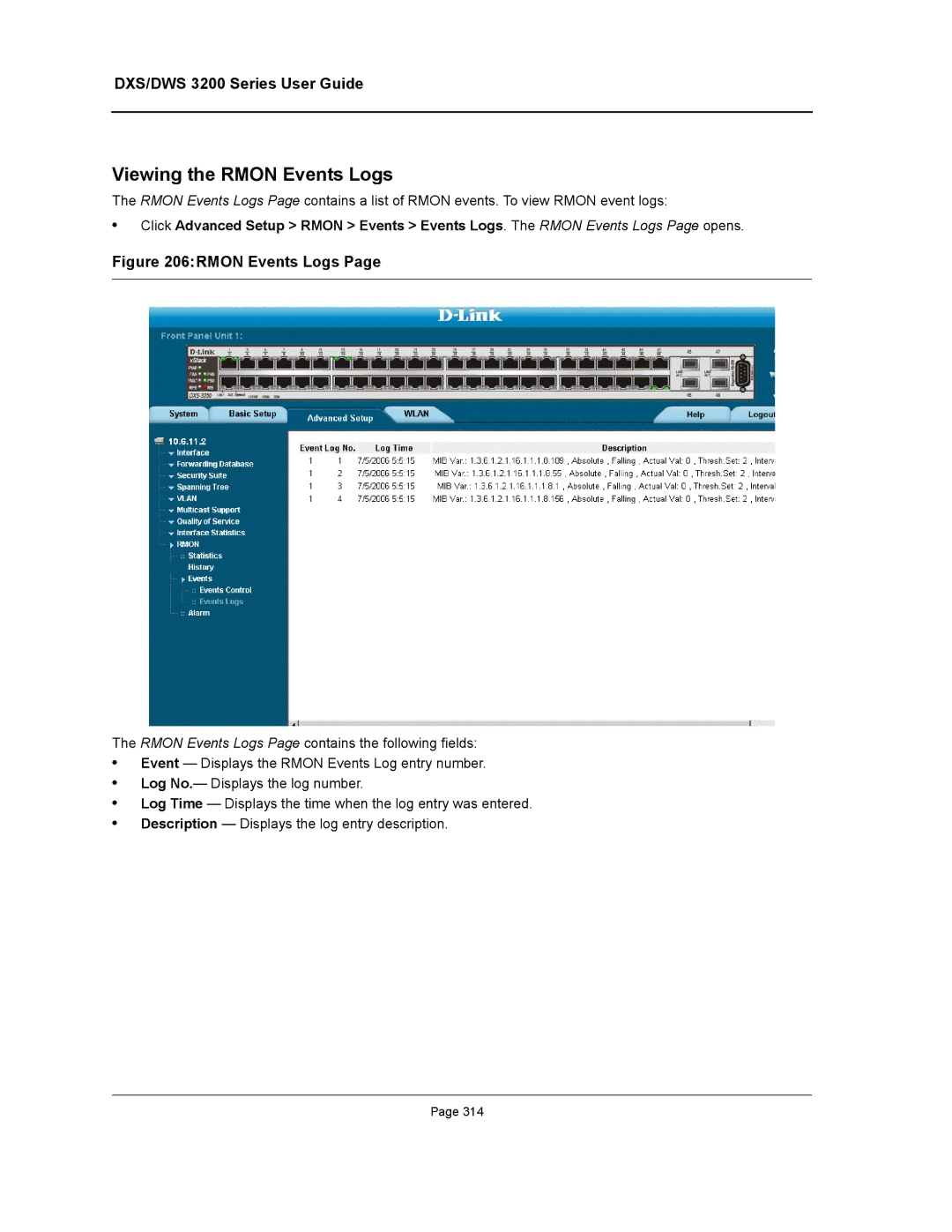 D-Link DWS/DXS-3200 manual Viewing the Rmon Events Logs 