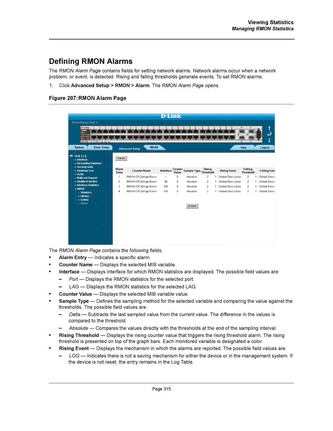 D-Link DWS/DXS-3200 manual Defining Rmon Alarms, Click Advanced Setup Rmon Alarm. The Rmon Alarm Page opens 