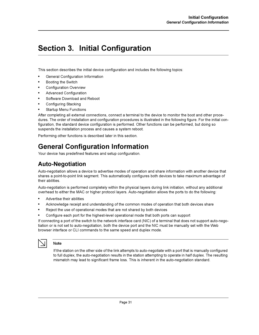 D-Link DWS/DXS-3200 manual Initial Configuration, General Configuration Information, Auto-Negotiation 