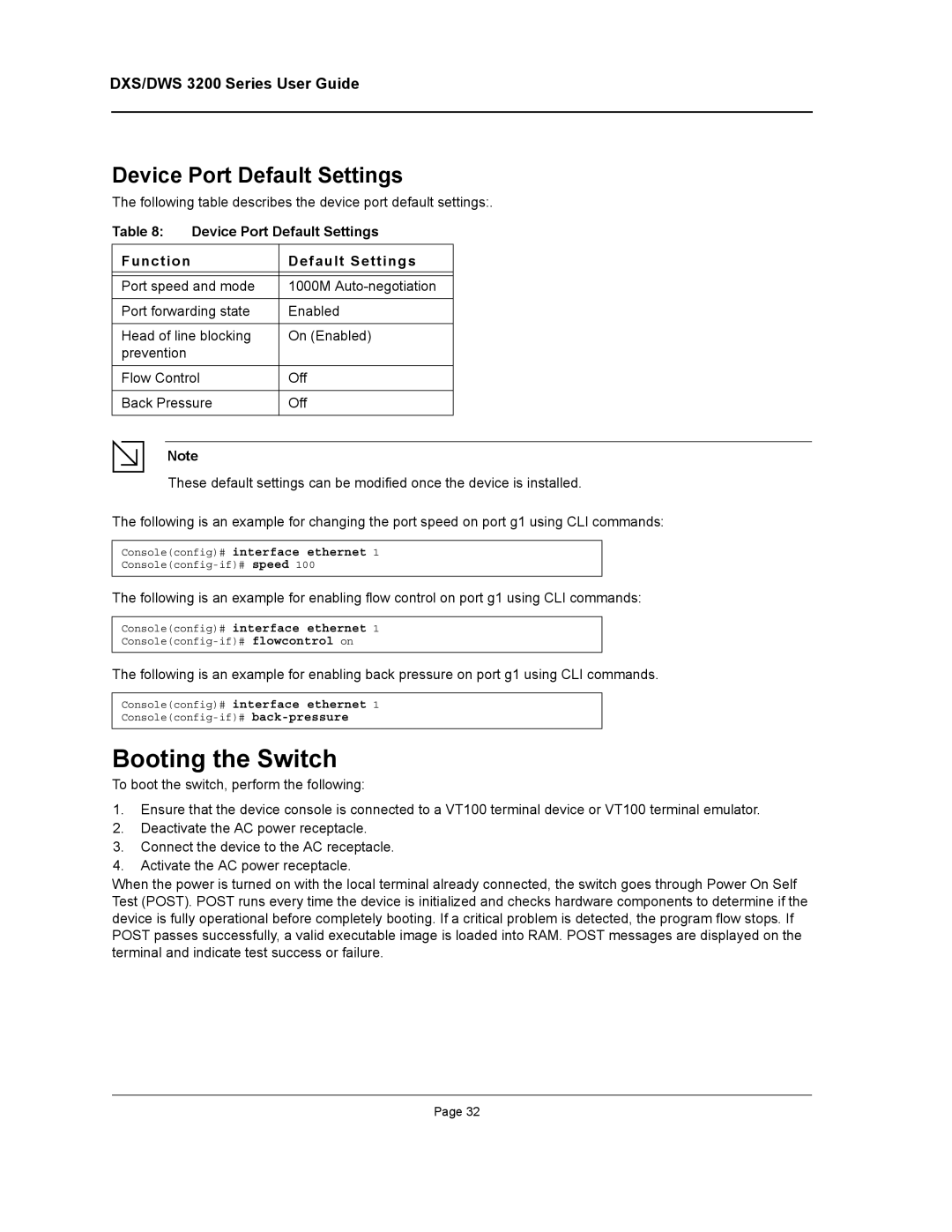 D-Link DWS/DXS-3200 manual Booting the Switch, Device Port Default Settings Function 