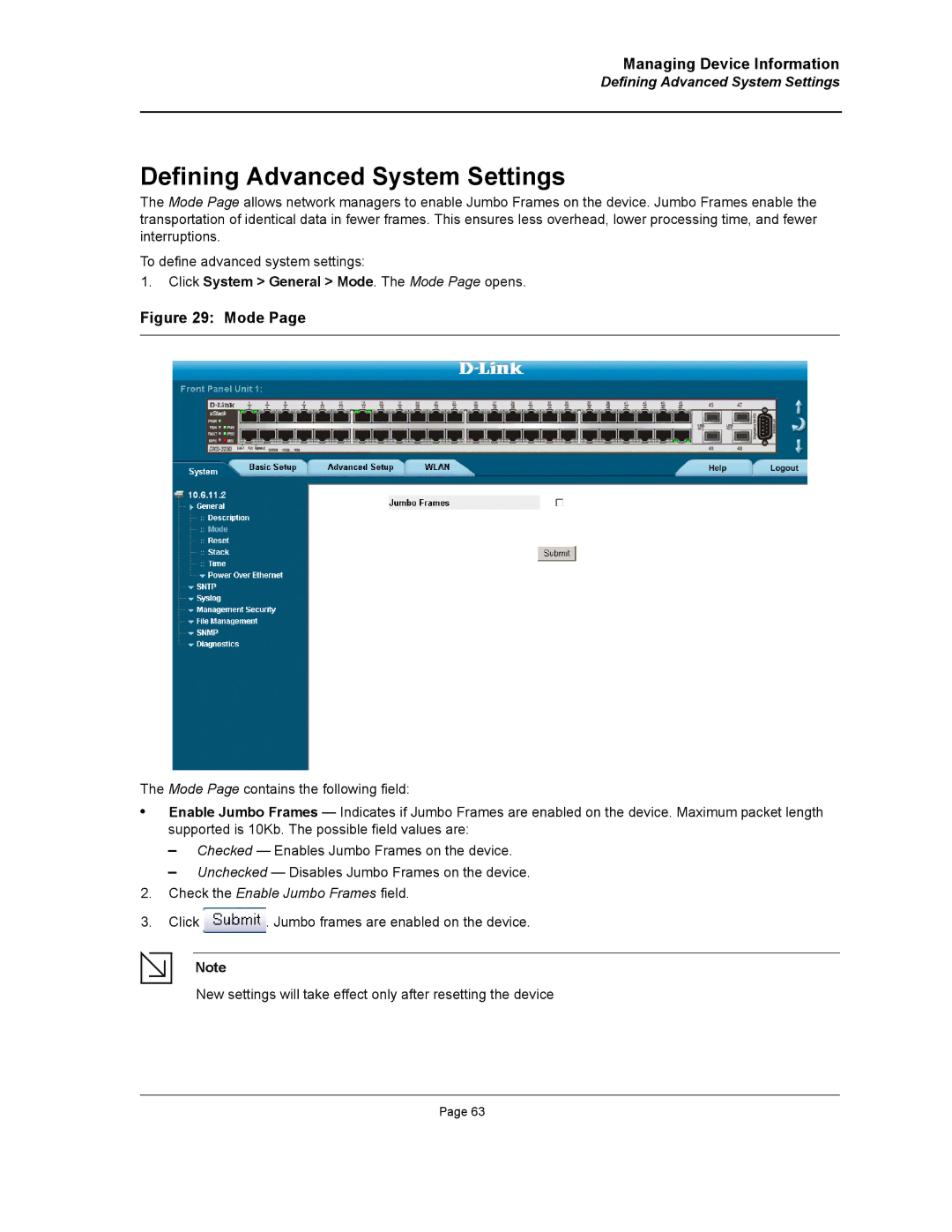 D-Link DWS/DXS-3200 manual Defining Advanced System Settings, Click System General Mode. The Mode Page opens 