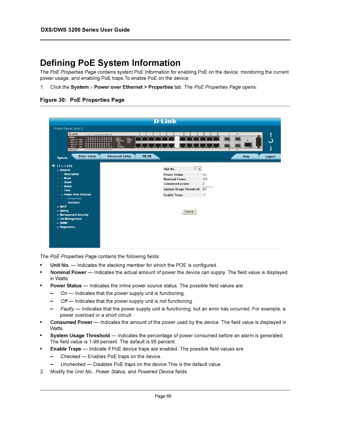 D-Link DWS/DXS-3200 manual Defining PoE System Information, Modify the Unit No., Power Status, and Powered Device fields 